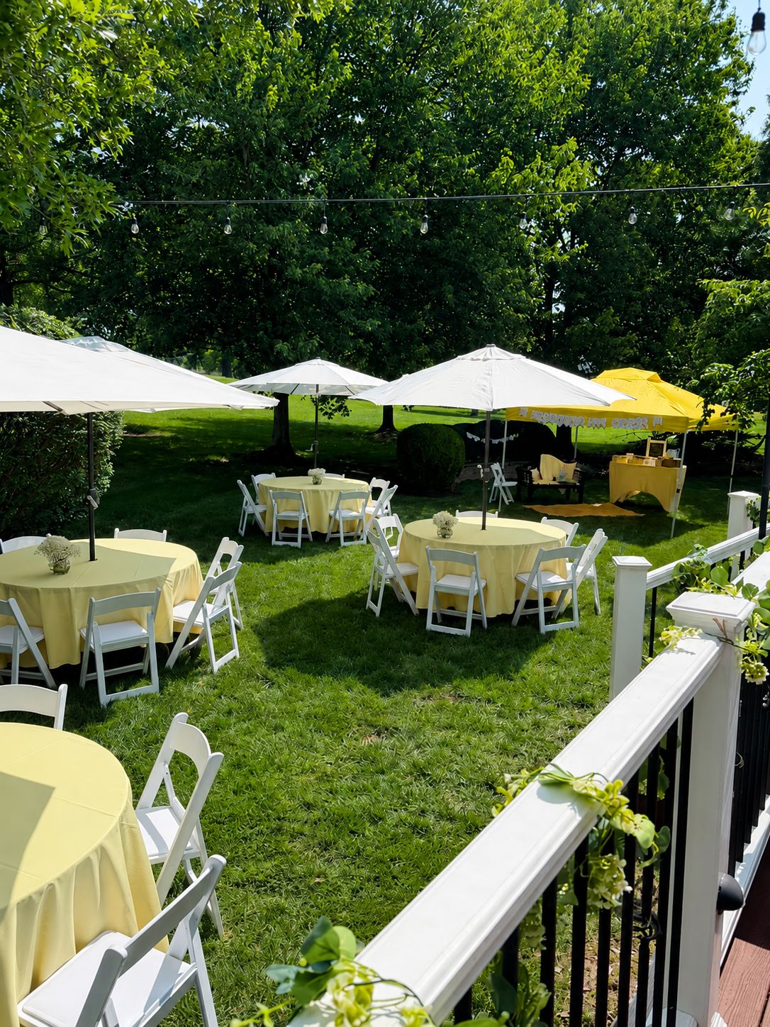 Round tables in yellow linens with white padded chairs under umbrellas